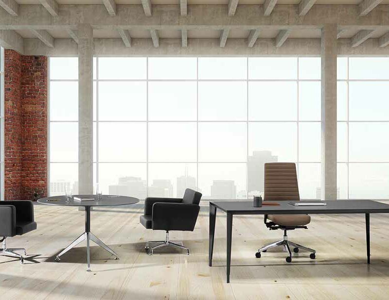 Mobilier de bureau épuré à Valbonne – Pieds coniques assortis au plateau pour un design moderne et minimaliste