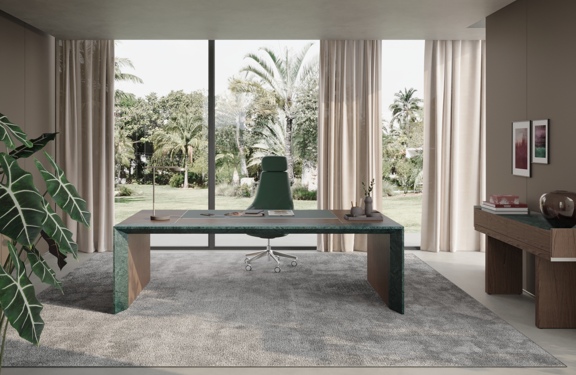 Bureau direction ELIOS à Sophia Antipolis, placage bois, plateau cuir, retour intégré