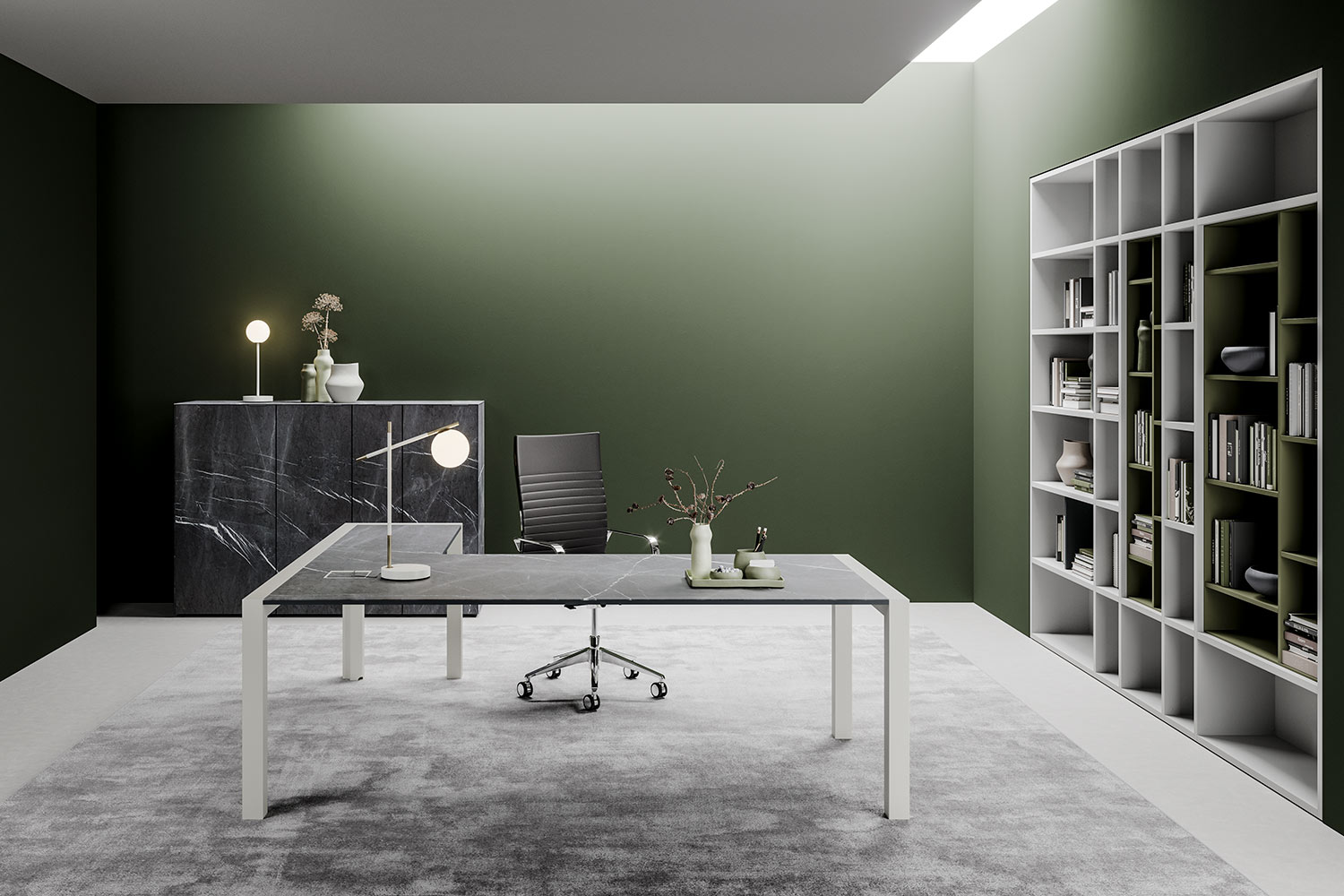 Bureau direction MIXED à Valbonne – plateau en verre marbré sur structure métallique pour aménagement professionnel haut de gamme