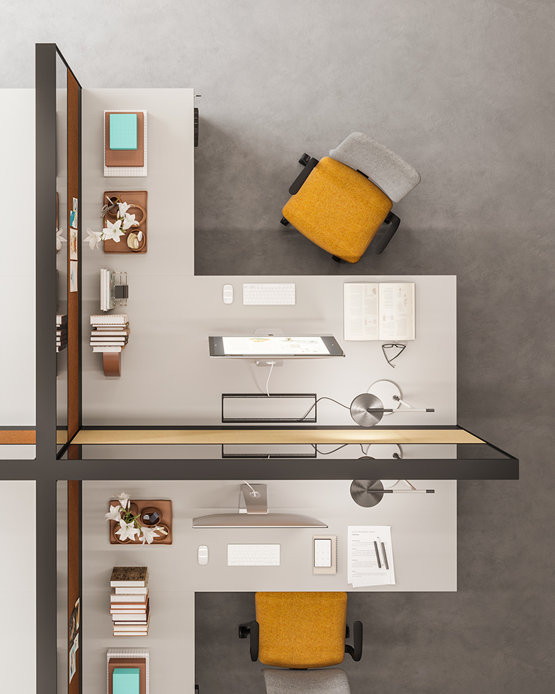 Mobilier Bureau BANDERA avec pieds métal droit assortis au plateau. Personnalisation des couleurs disponible, mobilier de bureau moderne à Saint Raphaël.