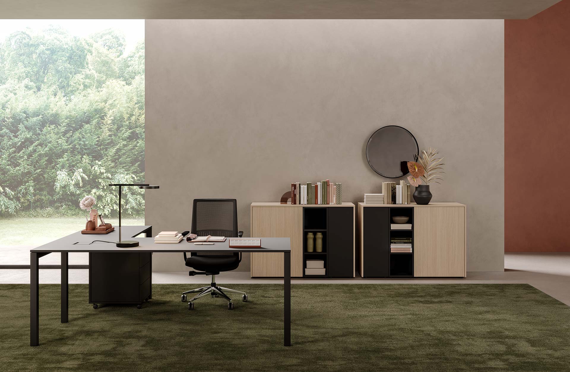 Mobilier de bureau JUPITER à Vallauris – bureau design personnalisable avec pieds métal assortis, adapté à l’aménagement professionnel avec cloison, fauteuil, rayonnage et mobilier direction