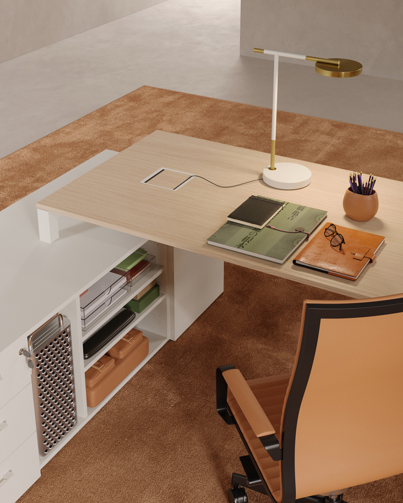 Mobilier Bureau LORD avec pieds métal droit assortis au plateau. Personnalisation des couleurs disponible, mobilier de bureau moderne pour Mougins.