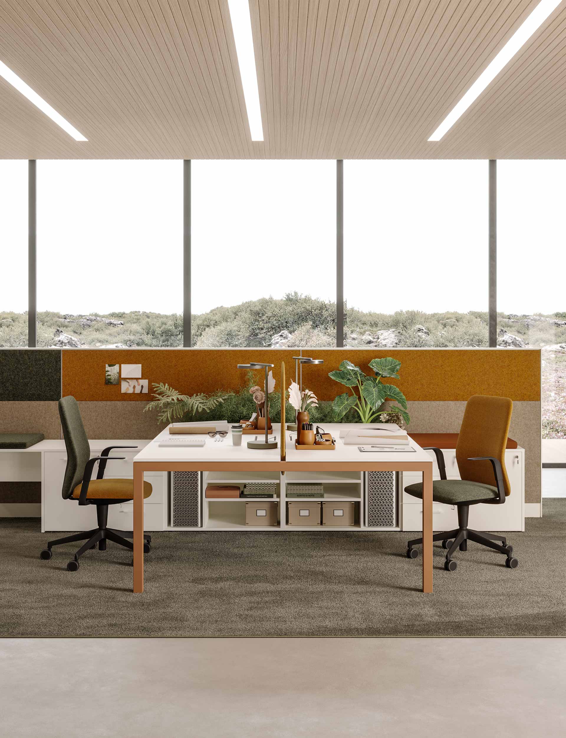 Mobilier Bureau SANTA avec pieds métal droit assortis au plateau. Personnalisation des couleurs disponible, mobilier de bureau moderne à Auribeau sur Siagne.
